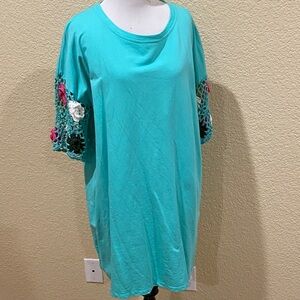 Umgee Turquoise Dress with Colorful Crochet Sleeves